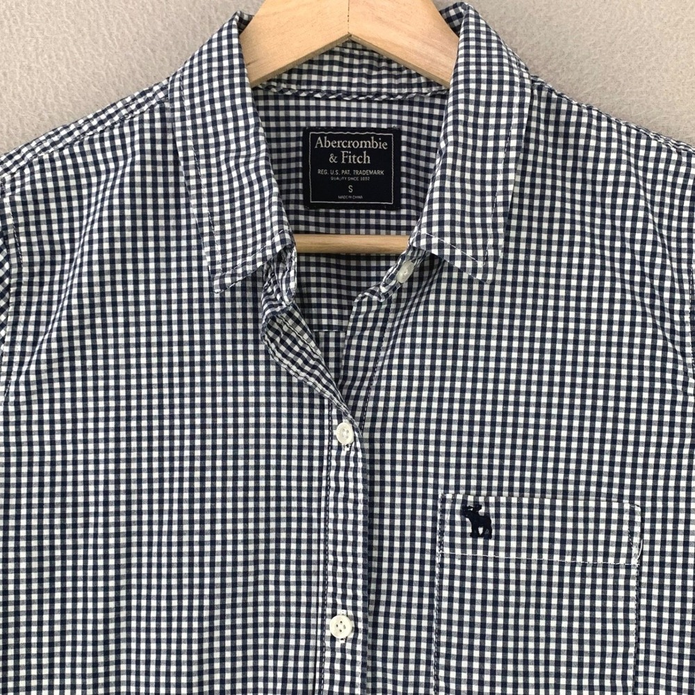 Abercrombie & Fitch Shirt Womens S Navy Blue Long Sleeve Gingham Button Up Y2K